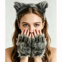 3pcs Wolf Ear Headband + Plush Wolf Gloves + Tail Set, Handmade Faux Fur Cosplay Halloween Costume Party - Grey - View 10
