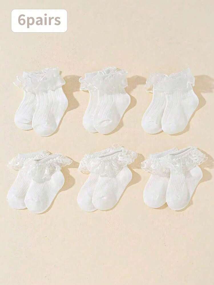 6 Pairs Girls Lace Mixed Trim Socks, All Season Ribbed Socks, Princess Style Dress Socks - White - View 13