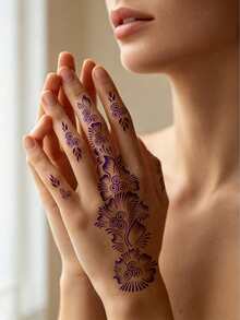 2件組花卉漩渦海娜手部紋身模板，左手與右手 Mehndi 貼紙模板，適用於婚禮、開齋節、派對身體彩繪，臨時紋身創作 - 黑色 - 查看 2