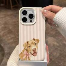 1件 TPU材質軟癒粉色與白色條紋小狗蝴蝶結圖案手機殼，適用於 iPhone 17 Pro Max/17/16 Pro Max/15/13/12/11/S20 FE/A15/S24/A55/Note 11/Note 12/Note 13 Pro，全包防摔軟殼手機保護套 - 白色 - 查看 3