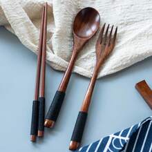 3pcs Wooden Flatware Set,Wooden Convenient Tableware Spoon Chopsticks And Fork,Kitchen,Christmas Gift,School Supplies - Brown - View 12