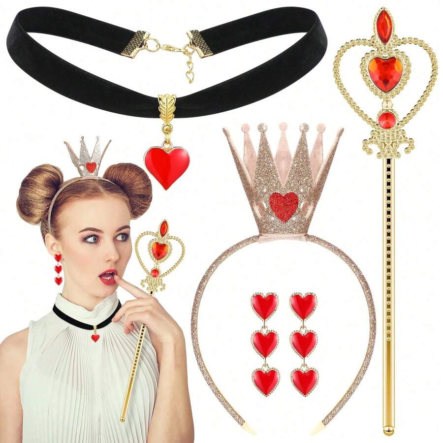 4pcs Queen Of Hearts Party Costume Accessories, Heart-Shaped Headband, Crown, Hairband, Scepter, Sexy Women's Halloween Costume, Prom, Music Festival, Carnival Party - Multicolor - View 1