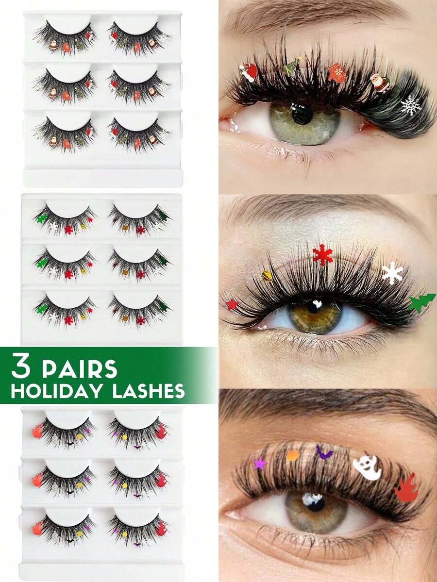aHoneya 3 Pairs Christmas Eyelash Full Strip Halloween Eyelashes Pairs Of Christmas Lashes