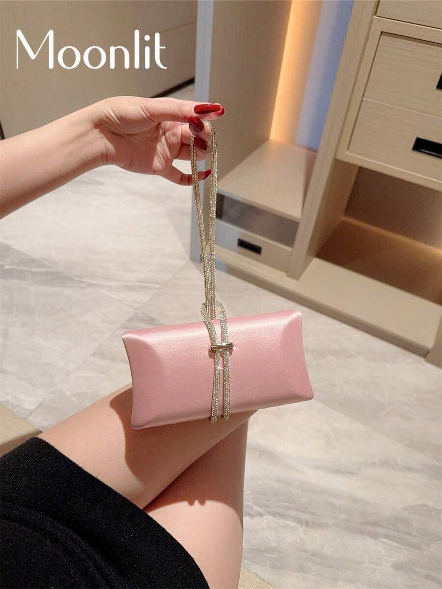 女士时尚水钻装饰缎面盒状手拿包晚宴包、正式派对包、迷你圣诞舞会手提包 - 粉色 - 查看 1