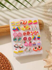 18 Pairs Summer Dopamine Girl Cute Colorful Soft Clay Fruit Animal Cartoon Mini Plastic Earrings Set, Random Color Style, No Box, Versatile Daily Wear, Best Birthday Gift For Friends (Random Color Style) - Multicolor - View 8
