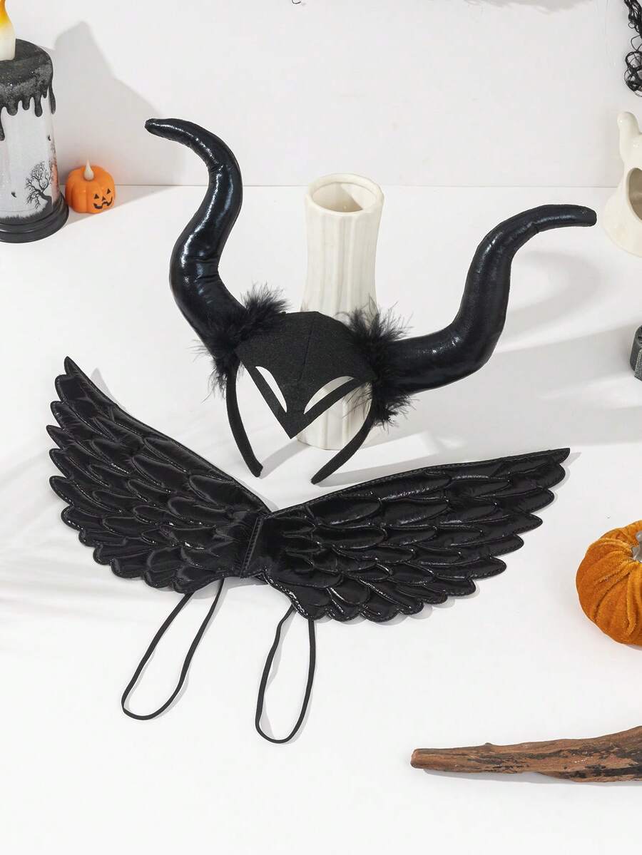 2pcs Funny Horn Headband + Wings Suitable For Halloween Halloween Party Polyester (Polyester) Headband All Seasons - Black - View 1