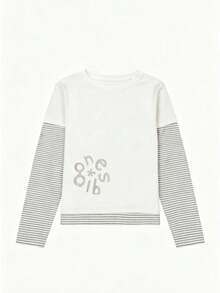Kaos Lengan Panjang Patchwork Bergaris Gaya Korea 2 in 1 untuk Wanita, Atasan Longgar, Ramping, dan Serbaguna untuk Musim Gugur - Putih - View 10