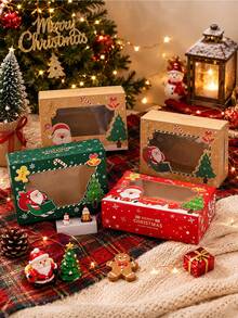 4pcs/12pcs/24pcs Christmas Window Gift Box Set, Xmas Santa Tree Kraft Treat Box With Transparent Window, Holiday Square Present Box,4 Designs Party Favor - View 10