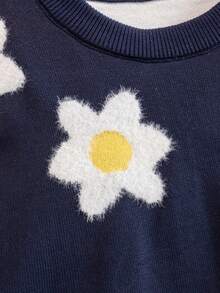 Girls' Sweet 3D Floral Round Neck Long Sleeve Knit Sweater Pullover, Casual Versatile For Daily Wear And School, Spring Autumn Winter - Navy Blue - View 4