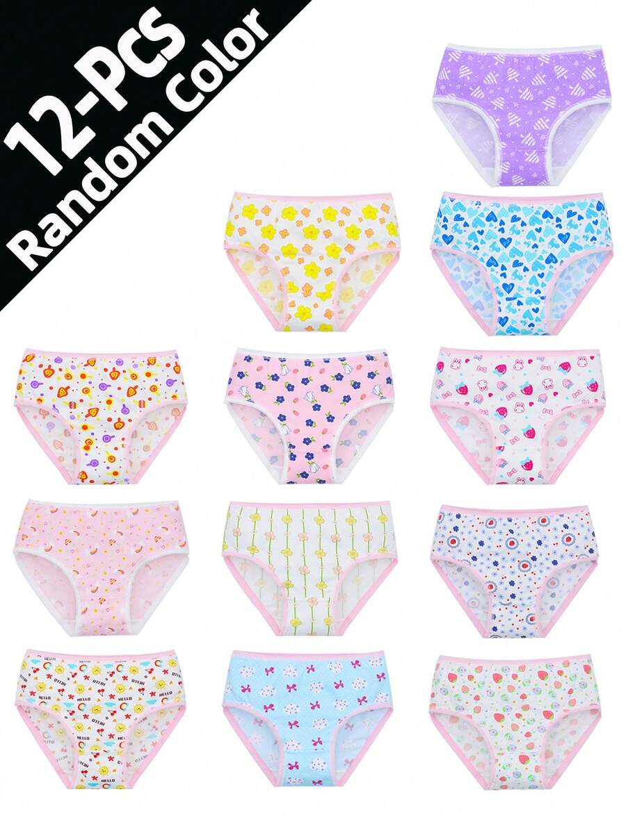 12pcs Celana Dalam Segitiga Pas Badan untuk Anak Perempuan dengan Motif Bunga Kartun Lucu, Nyaman dan Ramah Kulit, Terbuat dari Poliester, Pakaian Dalam Favorit Anak Perempuan dengan Motif Cetak Seluruh Permukaan - MultiWarna - View 1