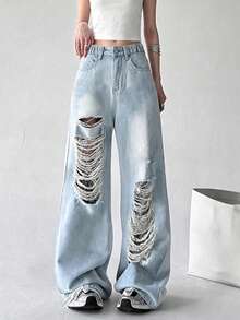 Y2K Girls Loose Distressed Straight Leg Washed Denim Jeans - Blue - View 5