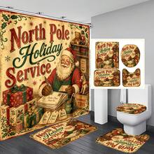 1pc/4pcs Christmas Santa Claus Multi-Functional Bathroom Decor Shower Curtain Set, Free 12 Hooks, Premium Holiday Atmosphere, Bathroom Mat, U-Shaped Rug And Round Toilet Lid Cover, Suitable For All Christmas Occasions - Santa Claus 2 - View 9