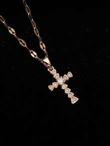 1Pc Dainty Cross Cubic Zirconia Pendant Necklace,14K Gold Plated Copper Pendant Stainless Steel Chain,Women Jewelry For Daily Wear Birthday Party Gift - Gold - View 6