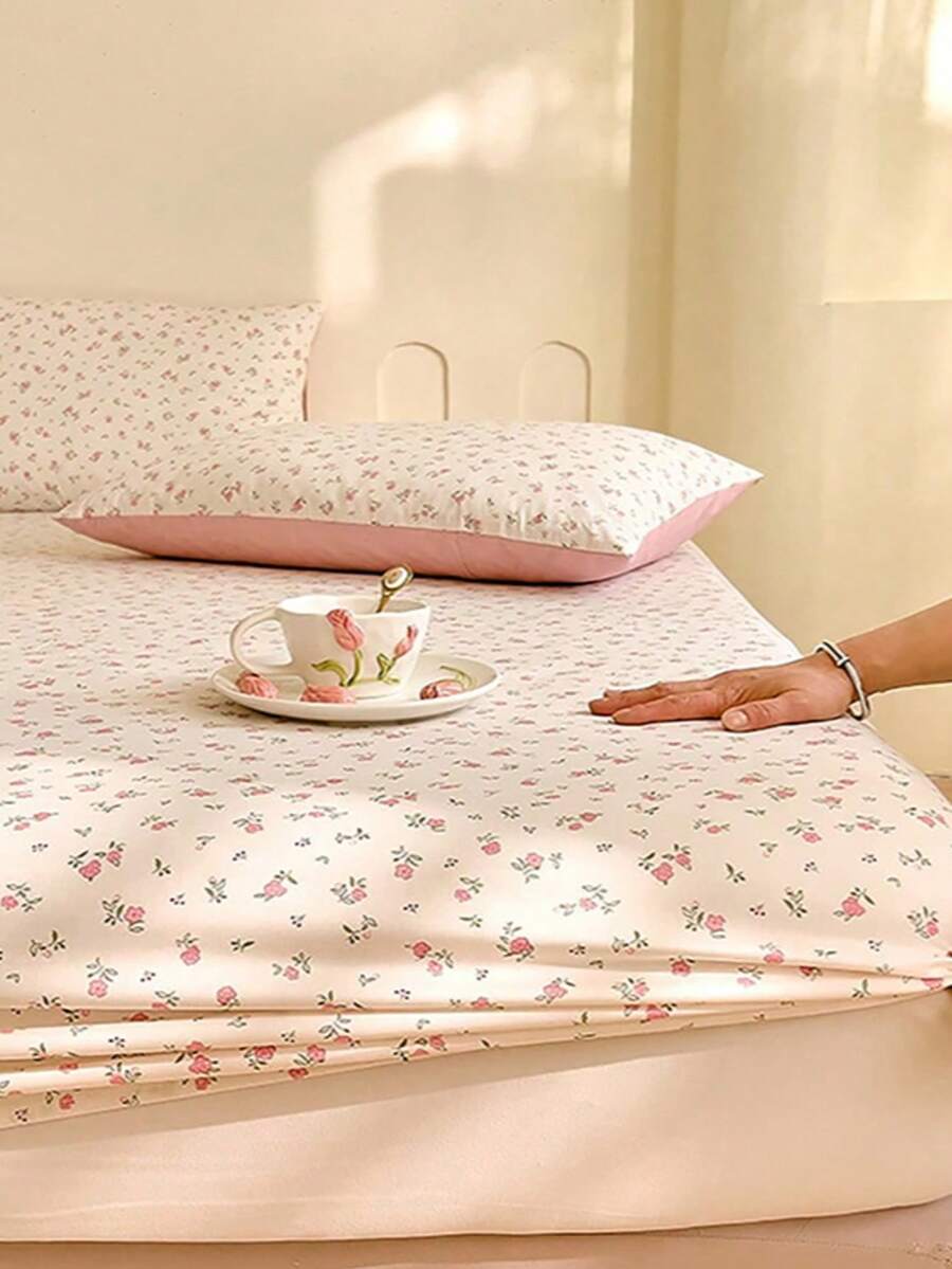 1 pieza Sábana ajustable con estampado floral, adecuada para el dormitorio de niñas, disponible en múltiples tamaños para todas las estaciones (Funda de almohada no incluida)