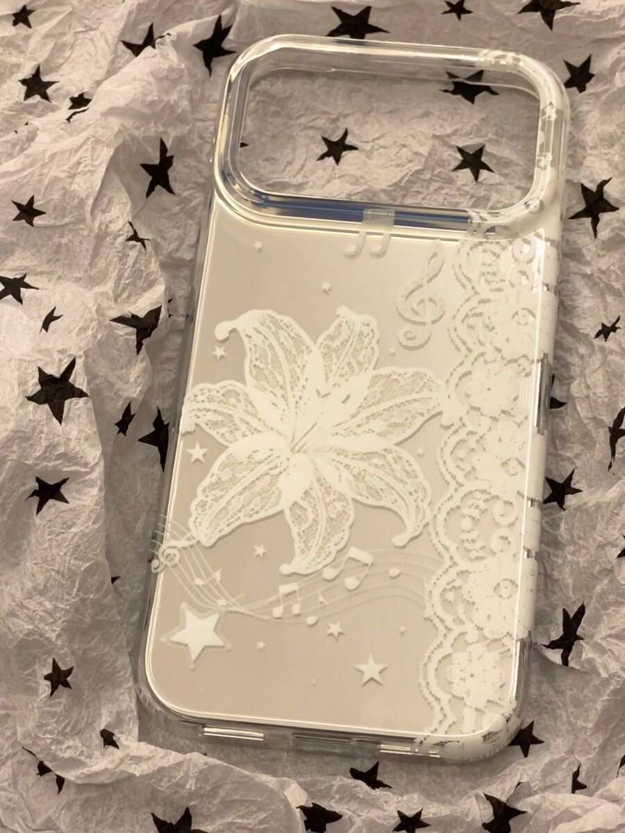Korean Ins Style Minimalist Glitter Silver Lily Phone Case, Compatible With IPhone 17 Pro Max, Apple 16 Pro Max, 15 Pro, New 16, Cute Shockproof Soft Edge, 15 Pro Music Symbol Lace Design - Multicolor - View 1