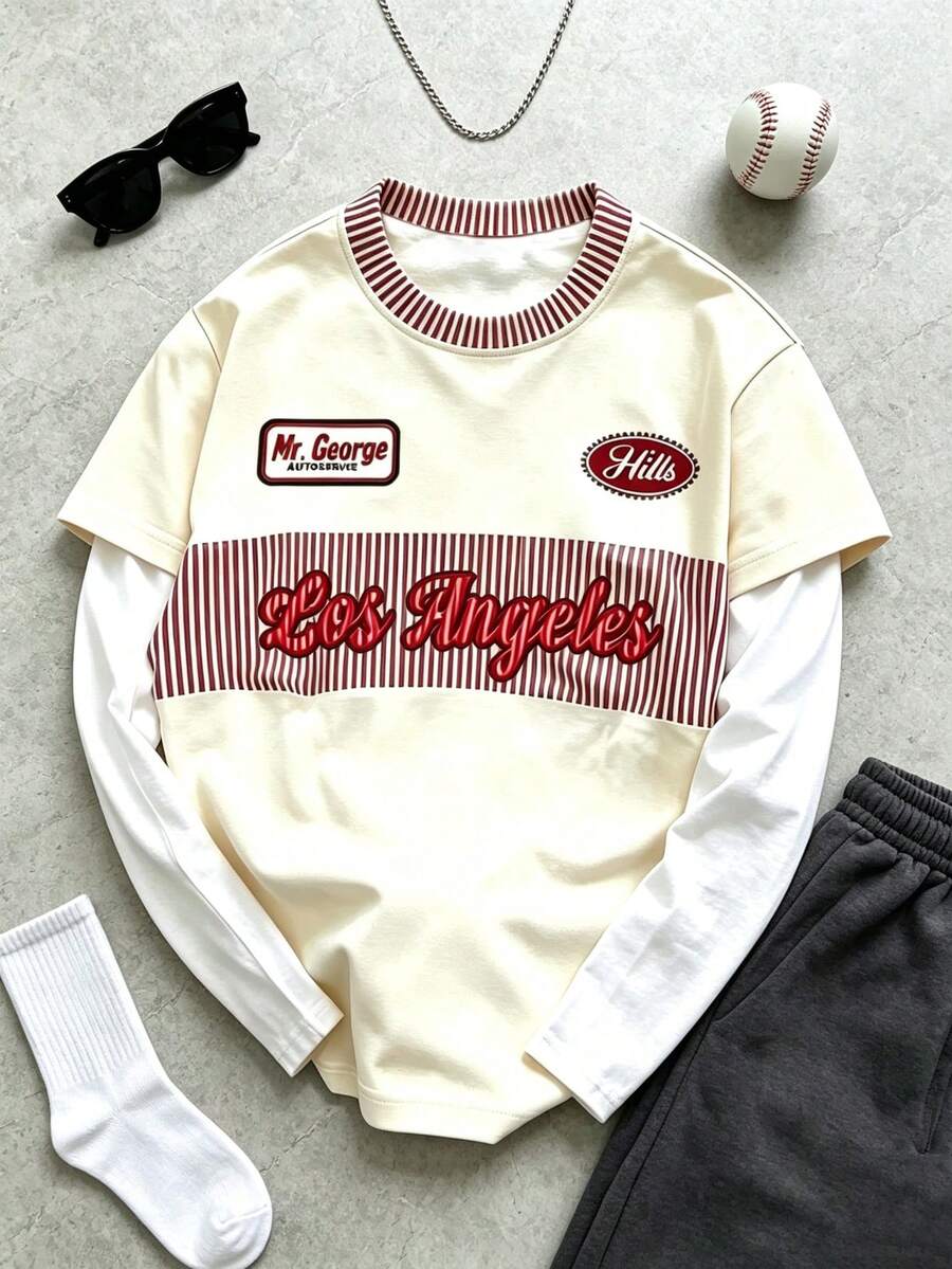 Men's Letter Patchwork Print Faux Two Pieces Long Sleeve T-Shirt, Casual Vintage Street Style Crew Neck Top - Multicolor - View 1