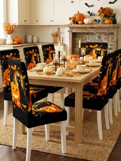 1/2/4/6/20pcs, Dining Chair Decorative Protective Cover, Polyester Elastic Chair Cover, Halloween Theme Dining Chair Cover, Vintage Black Cat & Pumpkin Pattern Dining Chair Decorative Protective Cover, Dining Chair Renovation Decoration Cover, Holiday Atmosphere Dining Chair Cover, Removable & Easy To Clean Dining Chair Cover, Halloween Room Decoration Supplies