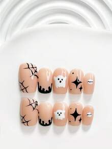10pcs Halloween Theme Minimalist Handmade Press-On Nails Poly Gel Manicure Set, Spider Web, Ghost, Starburst Patterns, Black & White Nails, Unique Style, Includes Manicure Tools, 3 Sizes Available, Square, Short Square, Almond Shape, Suitable For Party, Dance, Daily Wear - Multicolor - View 20
