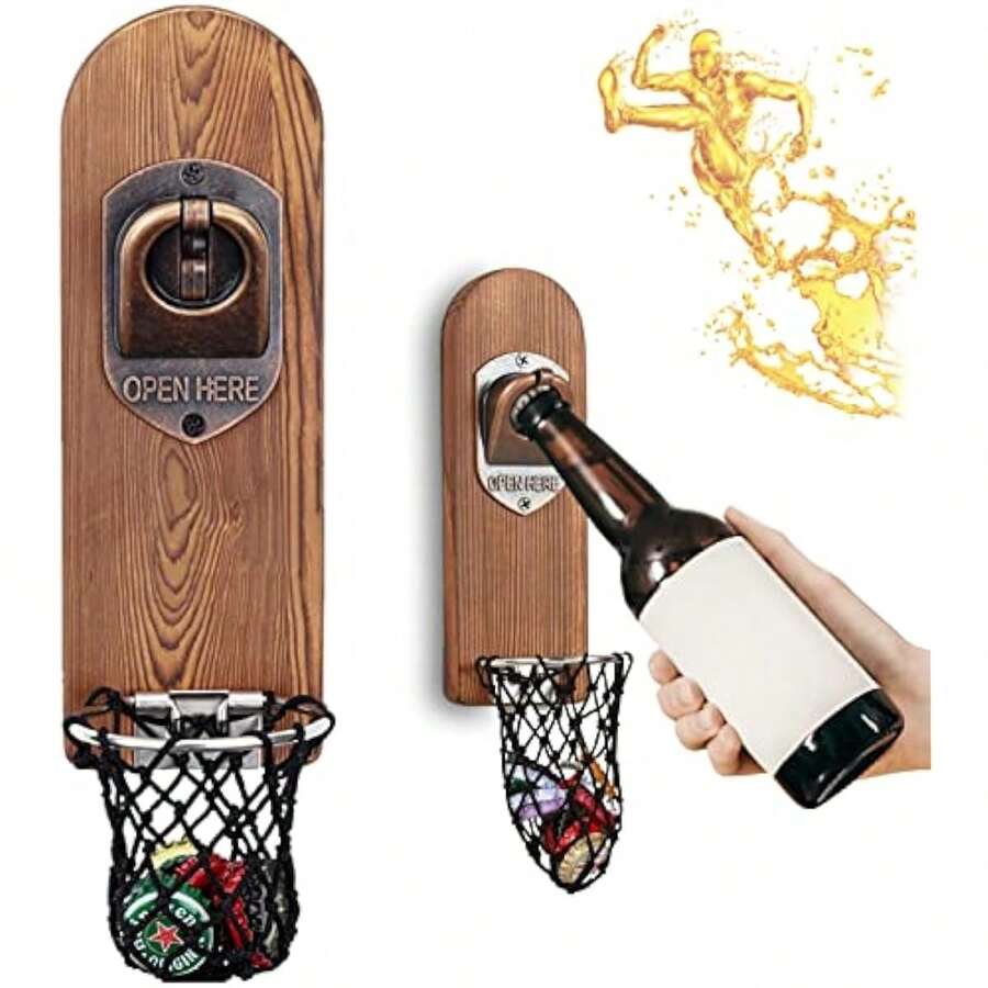 Magnétique Ouvre Bouteille Mural en Bois, Biere Vintage, Décapsuleur Original avec Cap Catcher, Accessoire Bar Exterieur, Cadeau - Voir 1