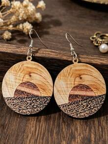 1 Pair Vintage Sunset Landscape Round Wooden Ear Hooks, Western Style Patchwork Wood Grain Distant Mountain Sunset Earrings - Multicolor - View 2