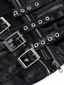 Black Patent Leather Waist Cincher Corset Belt With 4 Metal Buckles And Zipper, Underbust Waist Shaping Belt, Gothic Punk Style For Halloween Carnival Party - Black - View 6