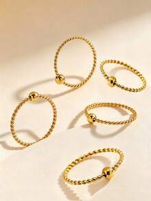 5pcs Fashionable Personalized Twisted Bead Design Stainless Steel Rings, Suitable For Women's Daily Wear Or Party - Gold - View 1