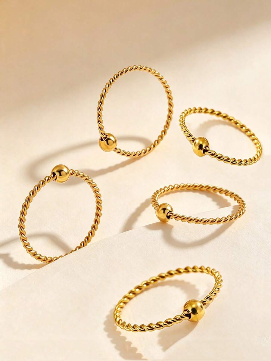 5pcs Fashionable Personalized Twisted Bead Design Stainless Steel Rings, Suitable For Women's Daily Wear Or Party - Gold - View 1