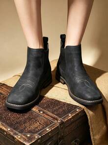 QRLQRL 1 Pair Men's New Retro Elastic PU Upper Rubber Sole Non-Slip Comfortable Casual Ankle Boots - Black - View 2