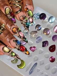 Multi‑Shape Gem Silicone Resin Mold, Moon Heart Oval Teardrop Shape DIY 3D Retro Gemstone Frame Nail Charms Mould For Handmade Press On Nails Manicure Accessories, UV Gel Nail Carving Molder, Making Tool - Multicolor - View 2