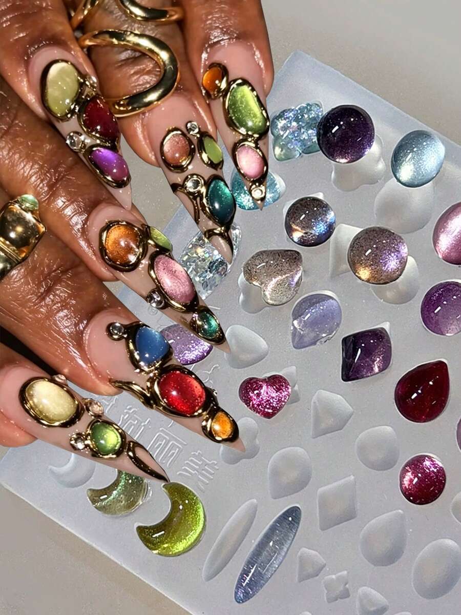 Multi‑Shape Gem Silicone Resin Mold, Moon Heart Oval Teardrop Shape DIY 3D Retro Gemstone Frame Nail Charms Mould For Handmade Press On Nails Manicure Accessories, UV Gel Nail Carving Molder, Making Tool ﻿