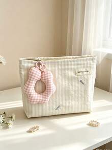 1pc Striped Makeup Storage Bag, Rectangular Cosmetic Bag With Plaid Flower Charm, Zipper Closure, Portable Toiletry Organizer, Suitable For Travel And Daily Home Use - Multiple Colors and Styles - View 13
