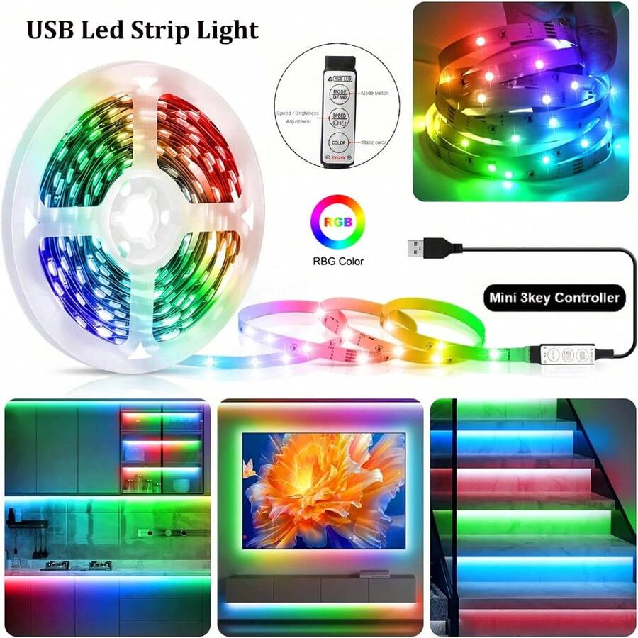 1 buah Lampu Strip LED RGB5050 5V dengan Antarmuka USB dan Pengontrol 3 Tombol, Lampu Dekoratif Latar Belakang TV Berwarna-warni, Cocok untuk Suasana Ruang Tamu dan Kamar Tidur