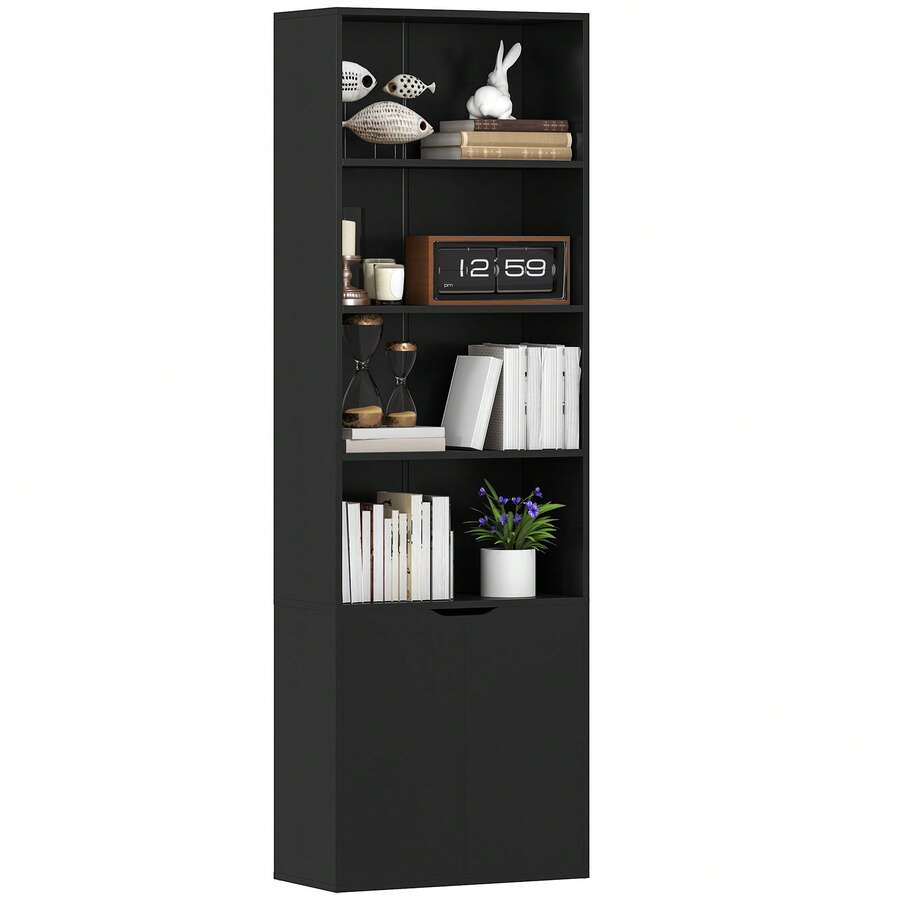 Boekenkast met 4 open vakken en 2 deuren voor woonkamer en kantoor, 59x29x180 cm, zwart - A - Bekijken 1