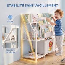 Kinderboekenkast met 3 planken, boekenkast voor kinderen met stoffen lade, 93 x 30 x 76 cm, wit - A - Bekijken 6