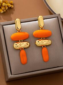 1 Pair Exaggerated Asymmetrical Geometric Oil Drip Enamel Earrings - Orange - View 5