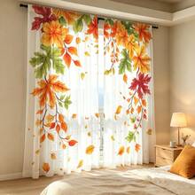 2PCS Autumn Sheer Curtains, Colorful Autumn Leaf Patterns, Pole Pockets, Holiday Prints, Suitable For Living Rooms And Bedrooms, Apartments, Balcony Decoration, Christmas, Thanksgiving, Halloween - Multicolor - View 7