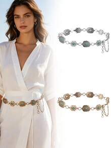 1 sợi dây xích đeo eo phong cách Bohemian cổ điển màu vàng giả cổ, chạm khắc hình học, đính đá giả ngọc lam, thiết kế dây nối điều chỉnh được, phù hợp với trang phục cao bồi miền Tây, dễ dàng tạo vẻ ngoài mang hơi hướng retro độc đáo - Dây thắt lưng - Xem 1