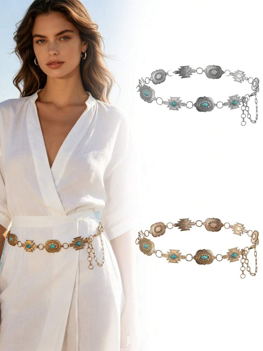 1 sợi dây xích đeo eo phong cách Bohemian cổ điển màu vàng giả cổ, chạm khắc hình học, đính đá giả ngọc lam, thiết kế dây nối điều chỉnh được, phù hợp với trang phục cao bồi miền Tây, dễ dàng tạo vẻ ngoài mang hơi hướng retro độc đáo - Dây thắt lưng - Xem 1