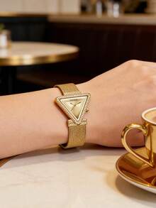 Guess Women's Inverted Triangle Dial Warm Tone Metal Mesh Strap Shiny Bezel Unique Silhouette Analog Quartz Wristwatch Best Friend Gift - one-size - View 2