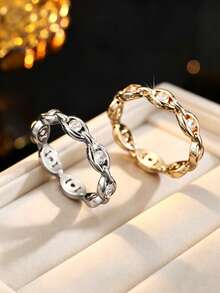 1pc Interlocking Chain Zirconia Inlaid Ring, Niche Design Elegant Elegant Finger Ring, Versatile Daily Commute Accessory - JZ23969 - View 1