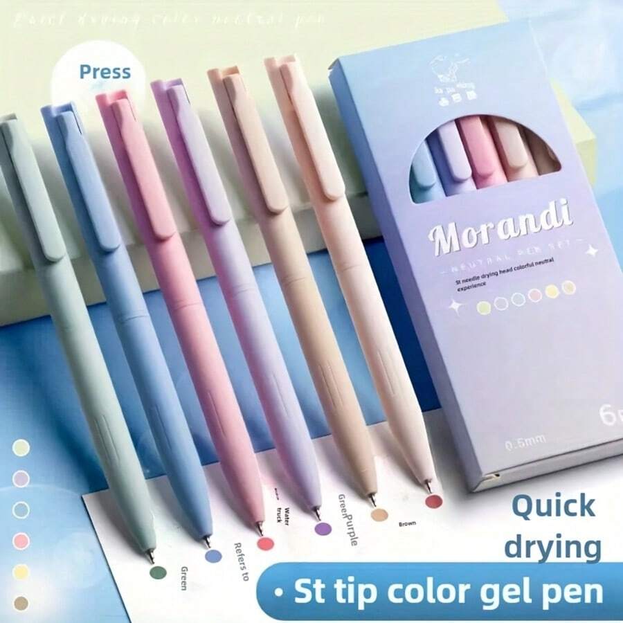 6pcs Morandi Color Retractable Gel Pens, Highly Attractive Colorful Journaling Pens, Student Note-Taking Office Writing Set, Suitable For Students' Cute Diary Pen Set, Can Be Used For Note-Taking, Planning, Handwriting Practice And School Office Supplies - A - View 1