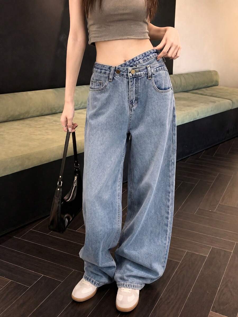 女款不對稱腰線高腰拖地寬腿垂墜牛仔褲