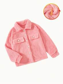 Girls' Fashion Casual Utility Fleece Jacket With Turn-Down Collar, Double Pockets And Single-Breasted Buttons, Autumn/Winter - Pink - View 2