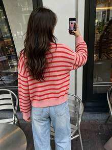 Women's Round-Neck Color-Block Striped Cardigan: Loose-Fit, Casual, Fashionable, Versatile, Retro, Street Style, And Commuter-Friendly For Fall/Winter - Multicolor - View 6