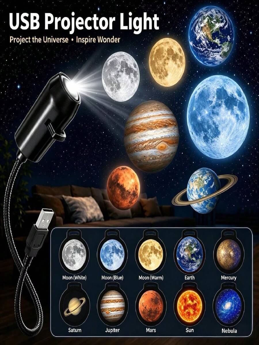 1件裝 USB 行星投影小夜燈，360°旋轉，附多色幻燈片，適用於臥室與車內，USB 插頭 5V
