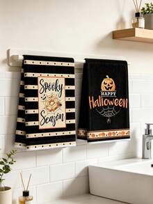 4/6/12 Pcs Halloween Pumpkin Gothic Kitchen Towels, Spooky Skeleton Dish Hand Towels Pumpkin Bat Kitchen Dish Towels For Halloween Bathroom Decor - Black - View 1