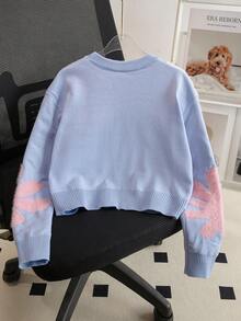 Girls' Sweet Colorblock Floral Round Neck Long Sleeve Knit Sweater, Fuzzy 3D Flower Pullover, Short Casual Versatile Top For Daily Wear And School, Spring/Autumn/Winter - Blue - View 2