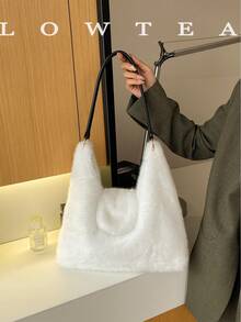 low tea 1pc Minimalist Fashion Wanderer Style Plush Fabric Shoulder Bag, Suitable For Commuting, Shopping, Etc. - White - View 6