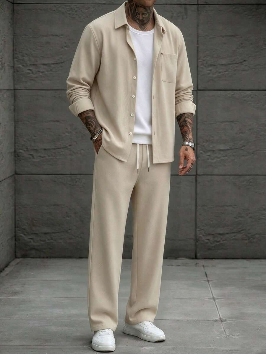 Men's Autumn 2 Pieces Set, Shirt Collar Long Sleeve Single Patch Pocket Single-Breasted Fashion Shirt With Drawstring Oblique Pockets Casual Long Pants, Solid Color, Spring/Autumn Outerwear - Apricot - View 1