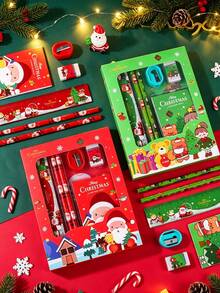 Christmas Gift Prize Portable 6-Piece Set, Cute Cartoon Pattern - Includes Pencil, Eraser, Pencil Sharpener, Sticky Notes, Ruler - Perfect Holiday Gift Box Packaging, Christmas Decoration - Holiday Gift Activity Competition Prize - Multicolor - View 3